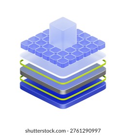 3D illustration of isometric layers for software architecture, tech stack, platform structure, development framework, and system design.