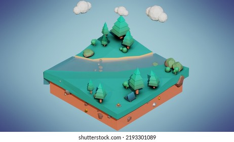 3d illustration isometric low poly landscape. Scene include river, clouds, pine trees, boulders, bushes, camp tent, campfire.