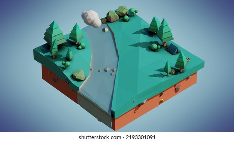 3d illustration isometric low poly landscape. Scene include river, clouds, pine trees, boulders, bushes, camp tent, campfire.