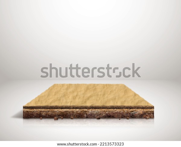 3D illustration of isometric piece of sand\
land with soil section. isometric beach sand ground with ecology\
section isolated on white background. vacation and transportation\
car or vehicle\
background.