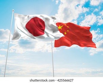 3D illustration of Japan & China Flags are waving in the sky