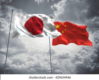 3D illustration of Japan & China Flags are waving in the sky with dark clouds 