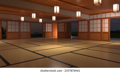 3D Illustration Of A Japanese Karate Dojo At Dusk.