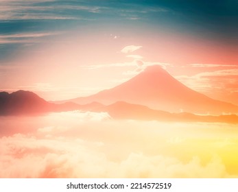 3d Illustration Of Japanese Mount Fuji And Sun Rays