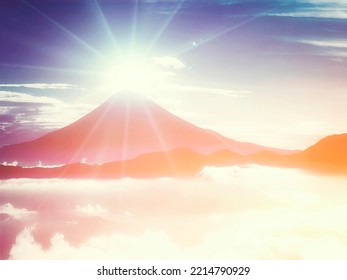 3d Illustration Of Japanese Mount Fuji And Sun Rays