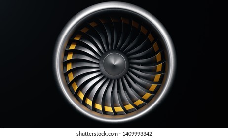 3D illustration jet engine, close-up view jet engine blades. Isolated on black background jet engine. Rotating blades of the turbojet. Part of the airplane. Blades at the ends painted orange
