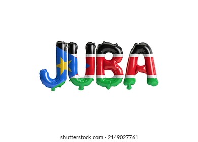 3d illustration of Juba capital balloons with South Sudan flags color isolated on white