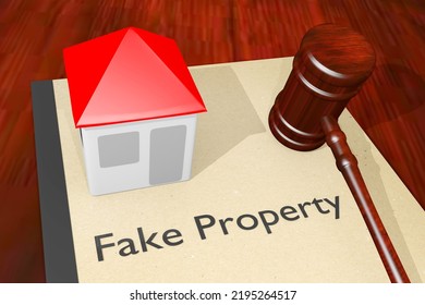 3D Illustration Of A Judge Gavel And A Symbolic House On A Booklet, With Fake Property Title.