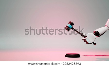 3d illustration of a judicial hammer held by the hand of an artificial intelligence robot. Question is, is it a good or wrong idea. A new system of assessing justice