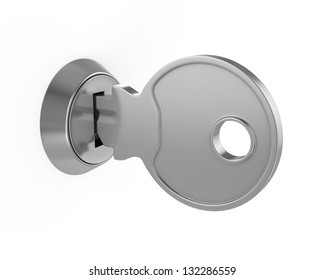 3d illustration of key in key-hole, isolated over white background