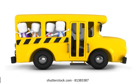 3D Illustration Of Kids Waving From The School Bus