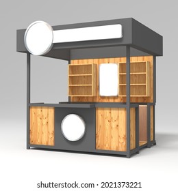 3d illustration kiosk stand booth market cart for sell product food drink wood decoration stainless steel construction  with blank space logo company. High resolution image white background isolated.