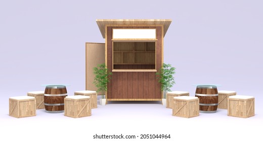 3d illustration kiosk stand booth food drink sale and blank space logo company   table chair wood texture decoration  Image isolated 