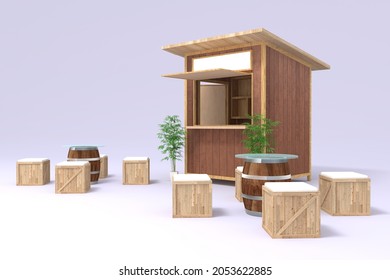 3d Illustration Kiosk Stand Booth Food Drink Sale With Blank Space Logo Company And Table Chair Wood Texture Decoration. Image Isolated.