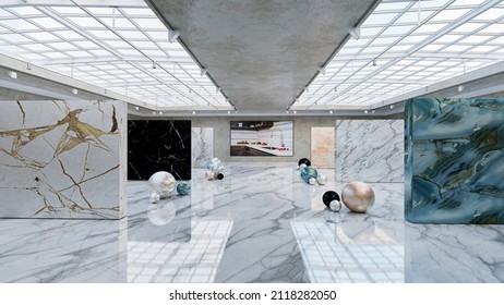 3d illustration of the kitchen granite, marble and quartz countertop slabs and white cararra marble floor tiles