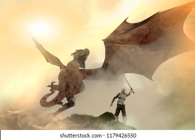 

3D Illustration Of A Knight Fighting Dragon, Dragon Versus Man