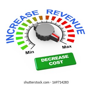 3d Illustration Of Knob Of Increase Revenue Set At Max With Button To Decrease Cost.