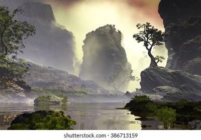 3D Illustration of landscape with fancy concept which highlights a large tree on a rock and big rocks in the background with vegetation covered up by an atmosphere clouded