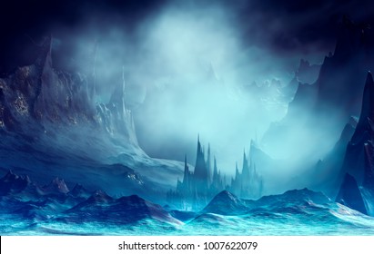 3D Illustration of landscape with fantasy concept with mountains and peaks in a very cloudy atmosphere