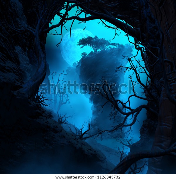 洞窟の中から眺める風景の3dイラスト 密で神秘的な雰囲気の中で草木を植えた大岩の形 のイラスト素材