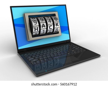 3d Illustration Of Laptop Computer Over White Background With Blue Screen And Hack Lock