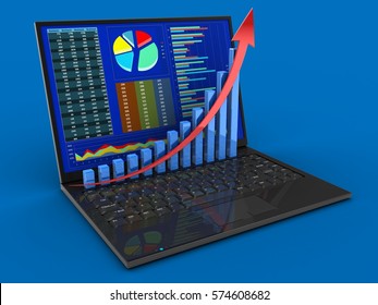 3d illustration of laptop computer over blue background with diagrams screen and rising graph