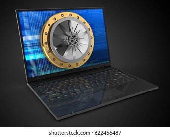 3d Illustration Of Laptop Computer Over Black Background With Digital Screen And Vault Door