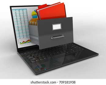 3d Illustration Of Laptop Computer Over White Background With Business Data Screen And Archive