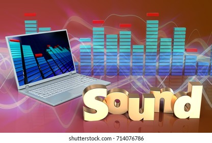 3d illustration of laptop computer over red sound wave background with 'sound' sign