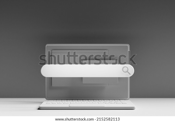 3D illustration of a\
laptop with an open browser tab on the screen. Internet search\
using smartphone.