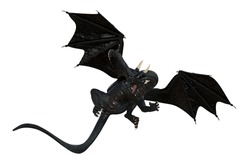 3d Illustration Of A Large Black Dragon With Open Wings And A Long Tail Looking Backward Isolated On A White Background.
