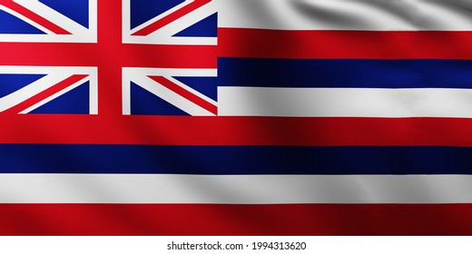 3D Illustration Of Large Flag Of Hawai Island Fullscreen Background In The Wind With Wave Patterns