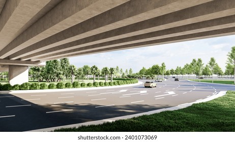 3d illustration of large interchange with arch bridge crossing