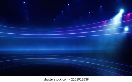 3D Illustration. Large Modern Game Show Stadium With Neon Lights Shining Into Fog. Colourful Lights In Dark. Template For Adding Your Content.