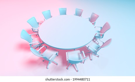 3D Illustration Of A Large Round Meeting Table Surrounded By Ten Office Rolling Chairs On Blue And Pink Background