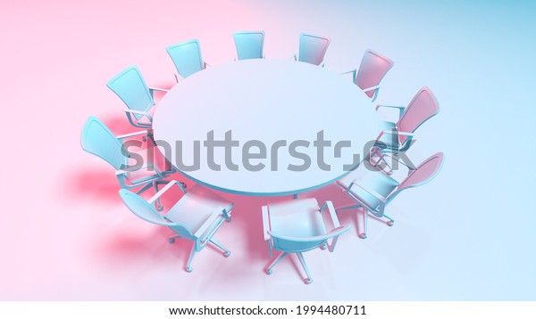 3D\
illustration of a large round meeting table surrounded by ten\
office rolling chairs on blue and pink\
background