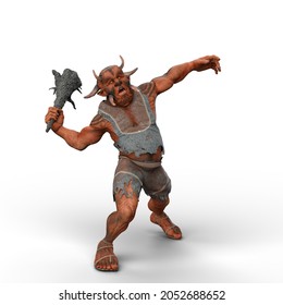 3D Illustration Of A Large Troll Fighting With A Wooden Club Weapon Isolated On A White Background.