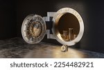 3d illustration of a large wall safe with ethereum tokens symbolizing the proof of stake concept.