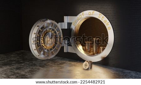3d illustration of a large wall safe with ethereum tokens symbolizing the proof of stake concept. Сток-фото © 