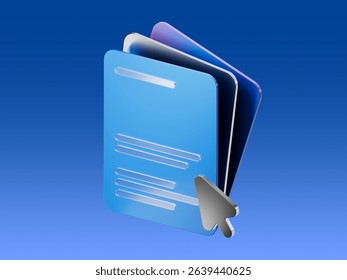 3D illustration of layered documents with a cursor pointer, representing online forms, digital files, or document interaction.