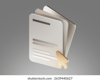 3D illustration of layered documents with a cursor pointer, representing online forms, digital files, or document interaction.