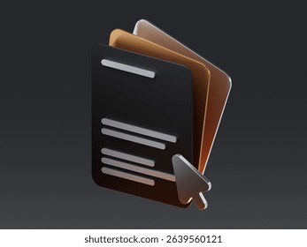 3D illustration of layered documents with a cursor pointer, representing online forms, digital files, or document interaction.