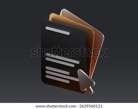 3D illustration of layered documents with a cursor pointer, representing online forms, digital files, or document interaction.
