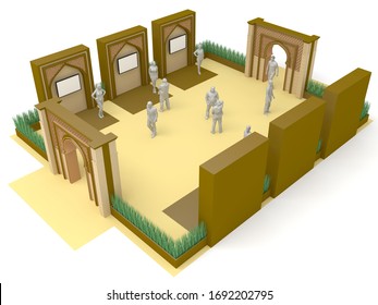 3d Illustration Layout Event Islamic Ornament Style With Stand Booth And Gate Entrance Plants Portable For Ramadan Expo. High Resolution Image White Background Isolated.