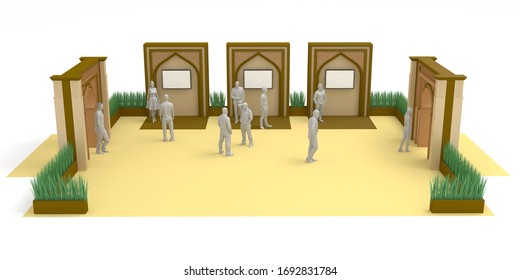 3d Illustration Layout Event Islamic Ornament Style With Stand Booth And Gate Entrance Plants Portable For Ramadan Expo. High Resolution Image White Background Isolated.