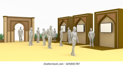 3d Illustration Layout Event Islamic Ornament Style With Stand Booth And Gate Entrance Plants Portable For Ramadan Expo. High Resolution Image White Background Isolated.