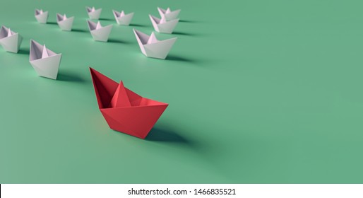 3D Illustration Of Leadership Concept, A Red Paper Boat On The Right Side Lead A Group Of White Paper Boat On Line From Left To Right