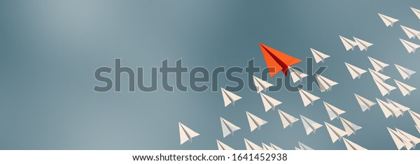 3D illustration of leadership success\
business concept rocket paper fly over color background lead rocket\
stand out of other paper rocket\
follower
