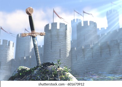 3D illustration of legend about king Arthur the sword in stone
