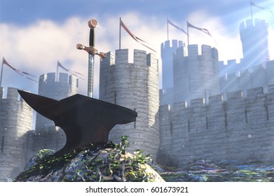 3D Illustration Of Legend About King Arthur The Sword In Anvil And Stone